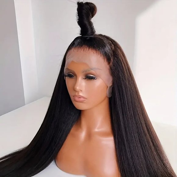 Long Straight Black Hair Middle Part Glueless Synthetic Lace Front Wigs - Picture 5 of 8